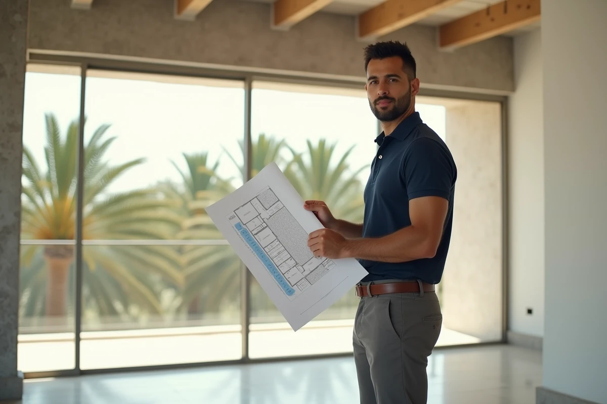 Agent immobilier présentant un appartement neuf à Marrakech face à la Palmeraie