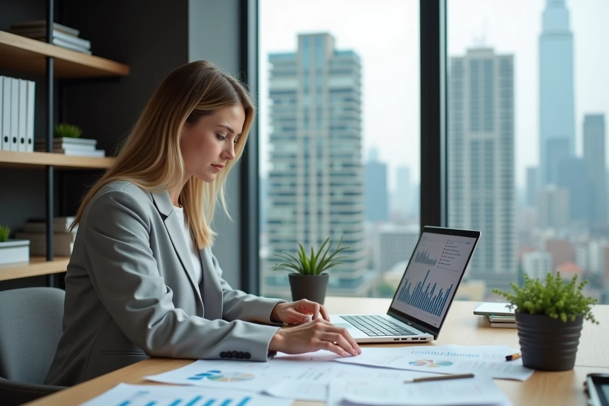 Analyste financière étudiant des rapports de marché immobilier avec données de valorisation, avis experts logement