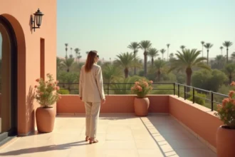 Femme sur la terrasse d'un appartement moderne à Marrakech avec vue sur la Palmeraie