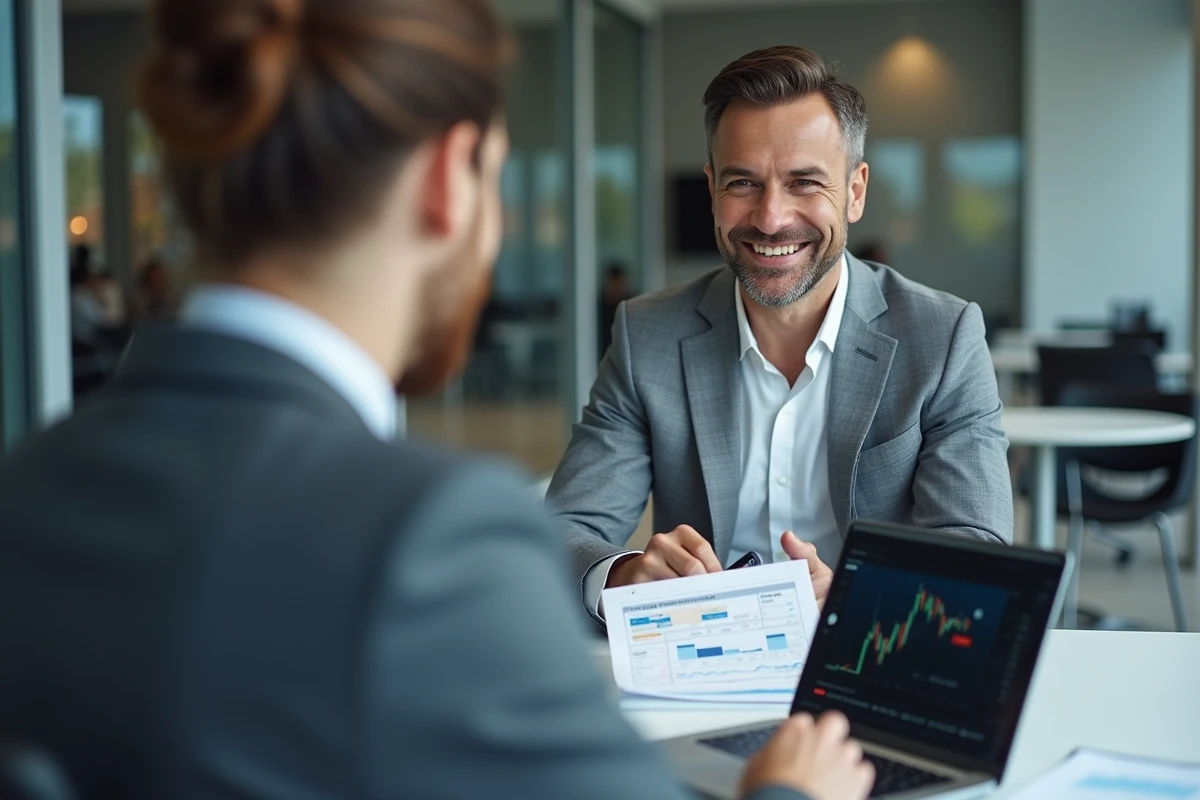 Homme d'affaires et conseiller bancaire andorran discutant d'un financement immobilier en cryptomonnaie et en euros dans une agence bancaire moderne