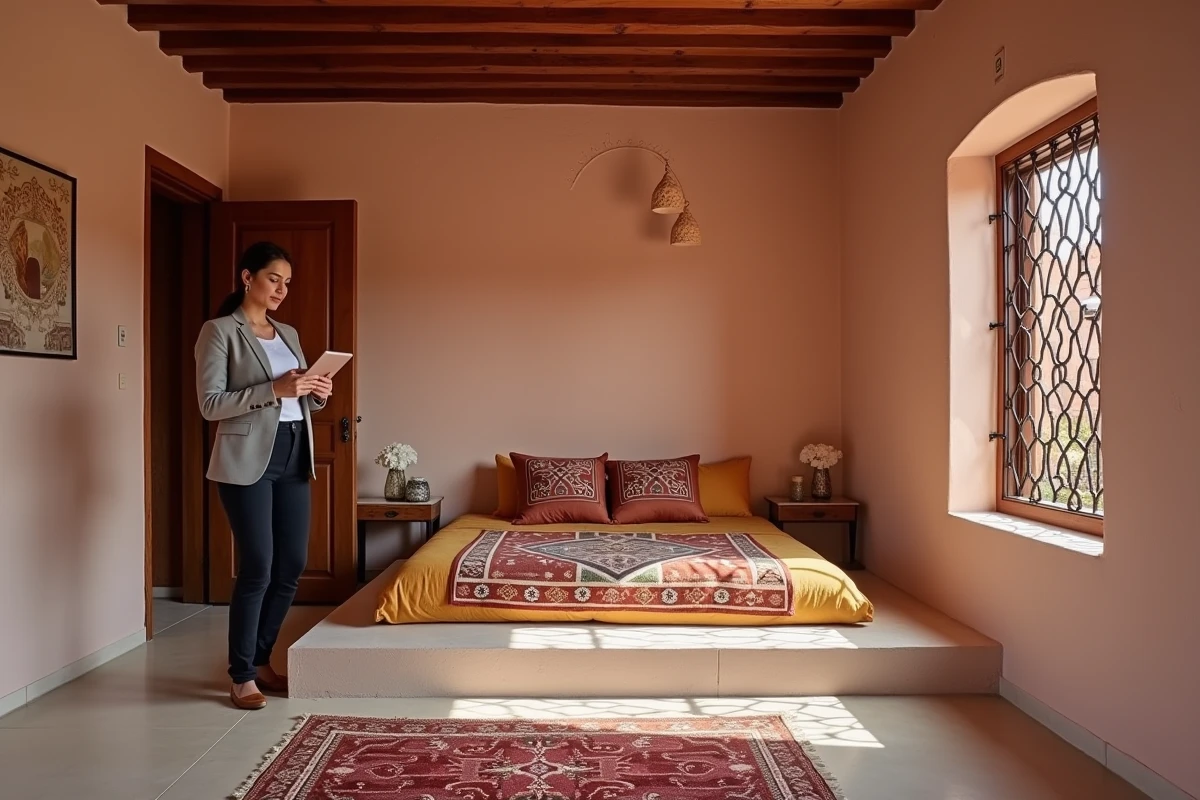 Chambre intérieure d'un petit riad à vendre à Marrakech avec murs en tadelakt et plafond sculpté
