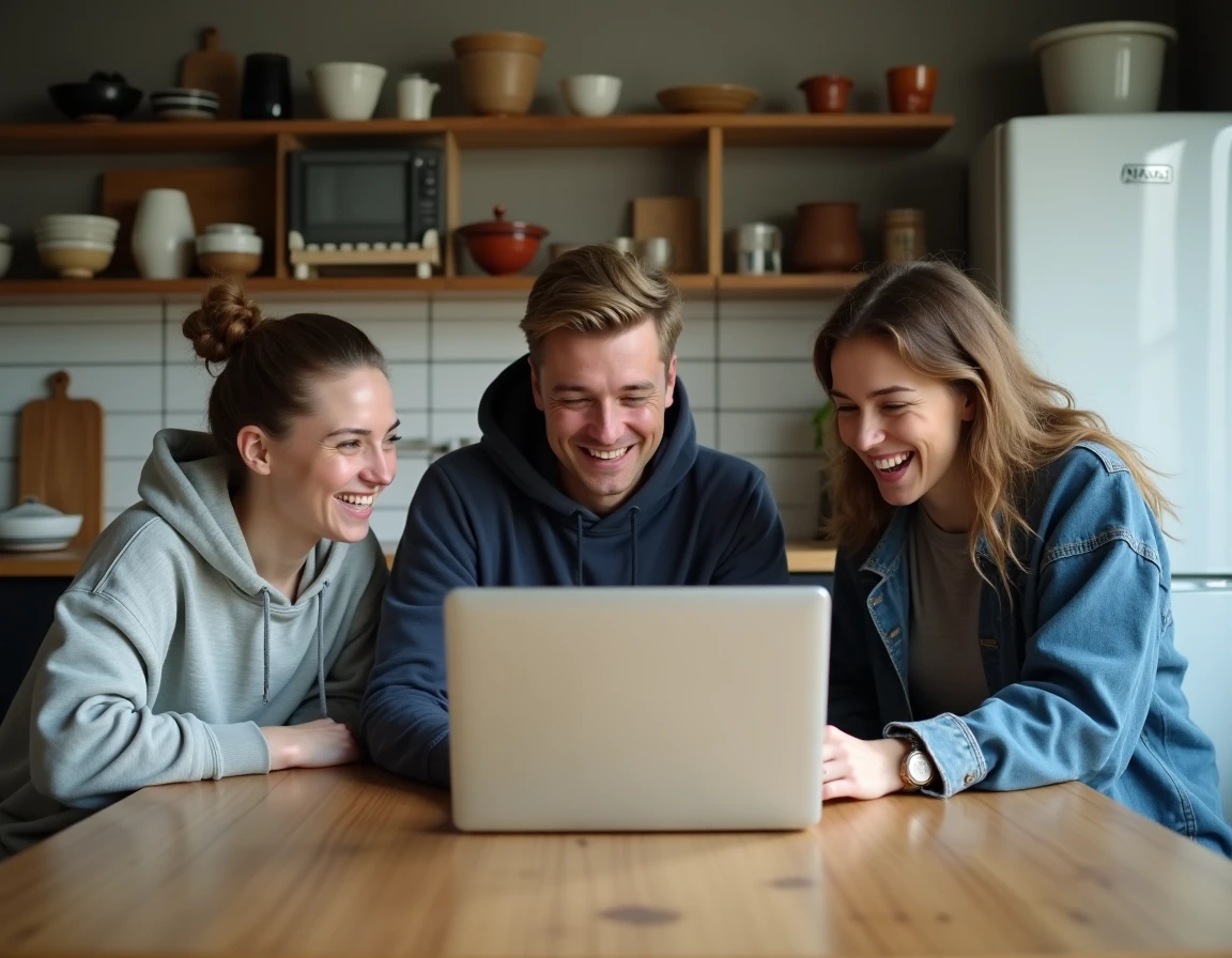 Trois colocataires réunis autour d'une table en bois dans un appartement en colocation à Lyon, cherchant une location ensemble