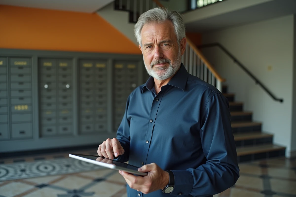 Homme syndic ou copropriétaire consultant un annuaire numérique de copropriété sur tablette dans le hall d'entrée d'un immeuble