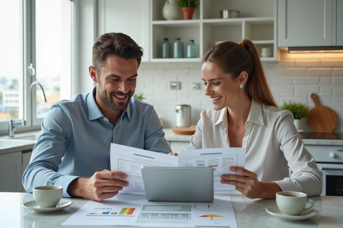 Couple consultant les avis ImmoRush et des documents immobiliers ensemble à la table de cuisine