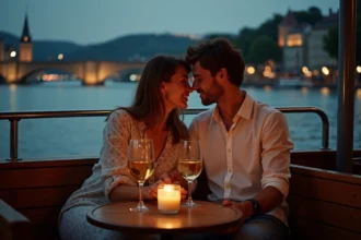 Couple en rendez-vous romantique sur la terrasse d'une péniche à Lyon au bord du Rhône