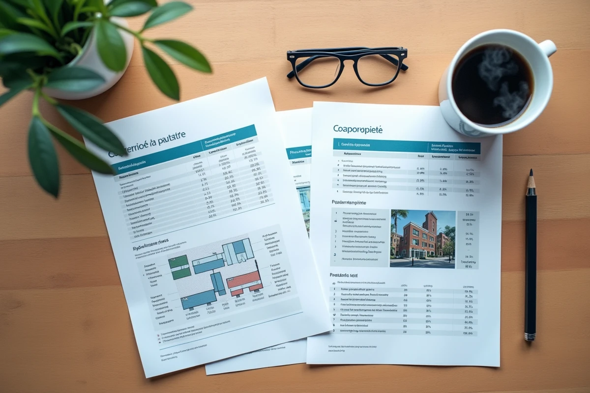 Vue aérienne d'un bureau avec des documents imprimés d'annuaire de copropriété, statistiques d'immeuble et plan de répartition