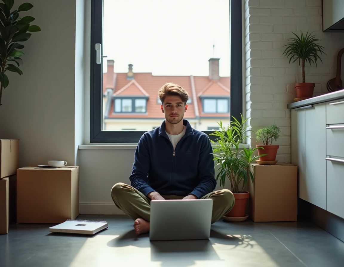 Étudiant installé dans son studio en location à Lyon avec vue sur les toits de la ville, entouré de cartons et d'affaires personnelles