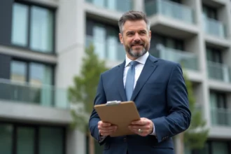 Expert immobilier analysant un projet résidentiel devant un immeuble moderne, signaux d'alerte investissement logement