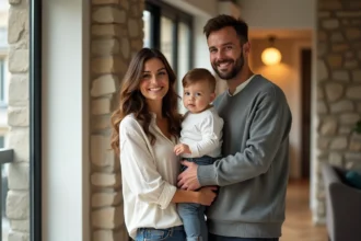 Famille avec un enfant en bas âge découvrant leur nouvel appartement à louer à Lyon, sol en parquet et mur en pierre apparente