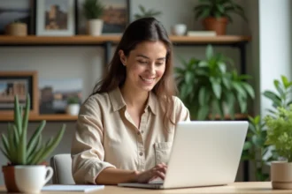 Femme consultant des avis utilisateurs sur la plateforme ImmoRush depuis son bureau à domicile