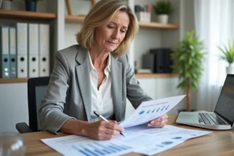 Femme copropriétaire consultant l'annuaire de sa copropriété et des statistiques de son immeuble à son bureau