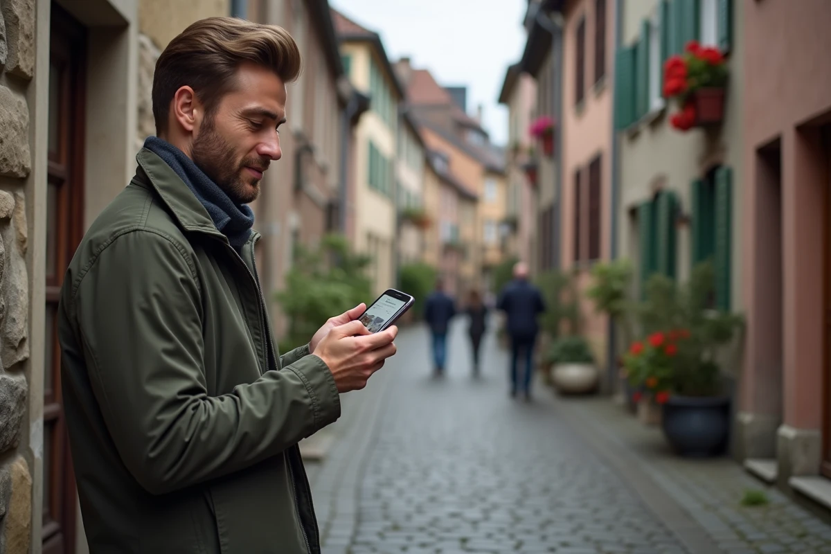 Homme consultant une application immobilière de location sur smartphone dans une rue alsacienne du Bas-Rhin