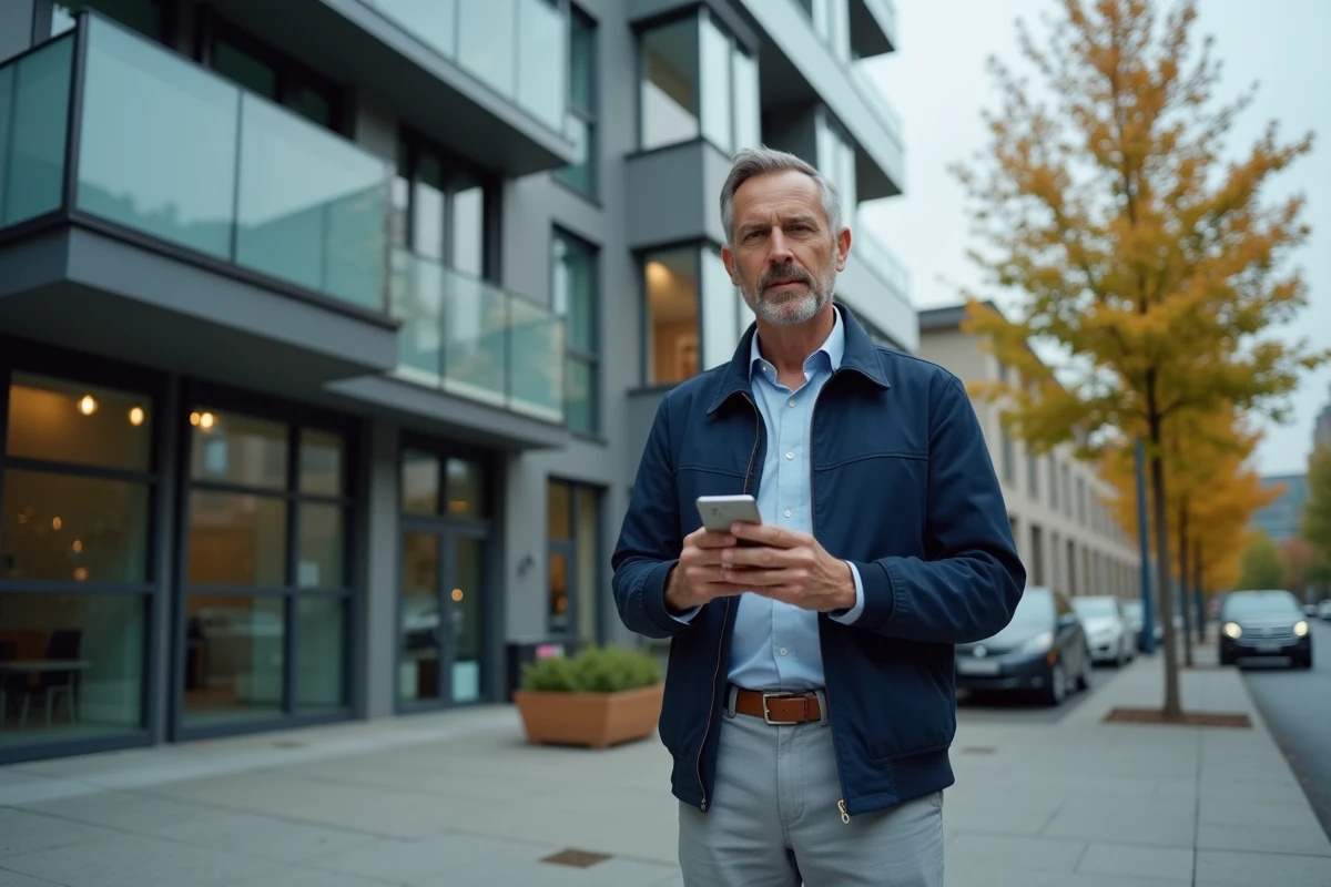 Homme évaluant une annonce immobilière via ImmoRush devant un immeuble résidentiel moderne