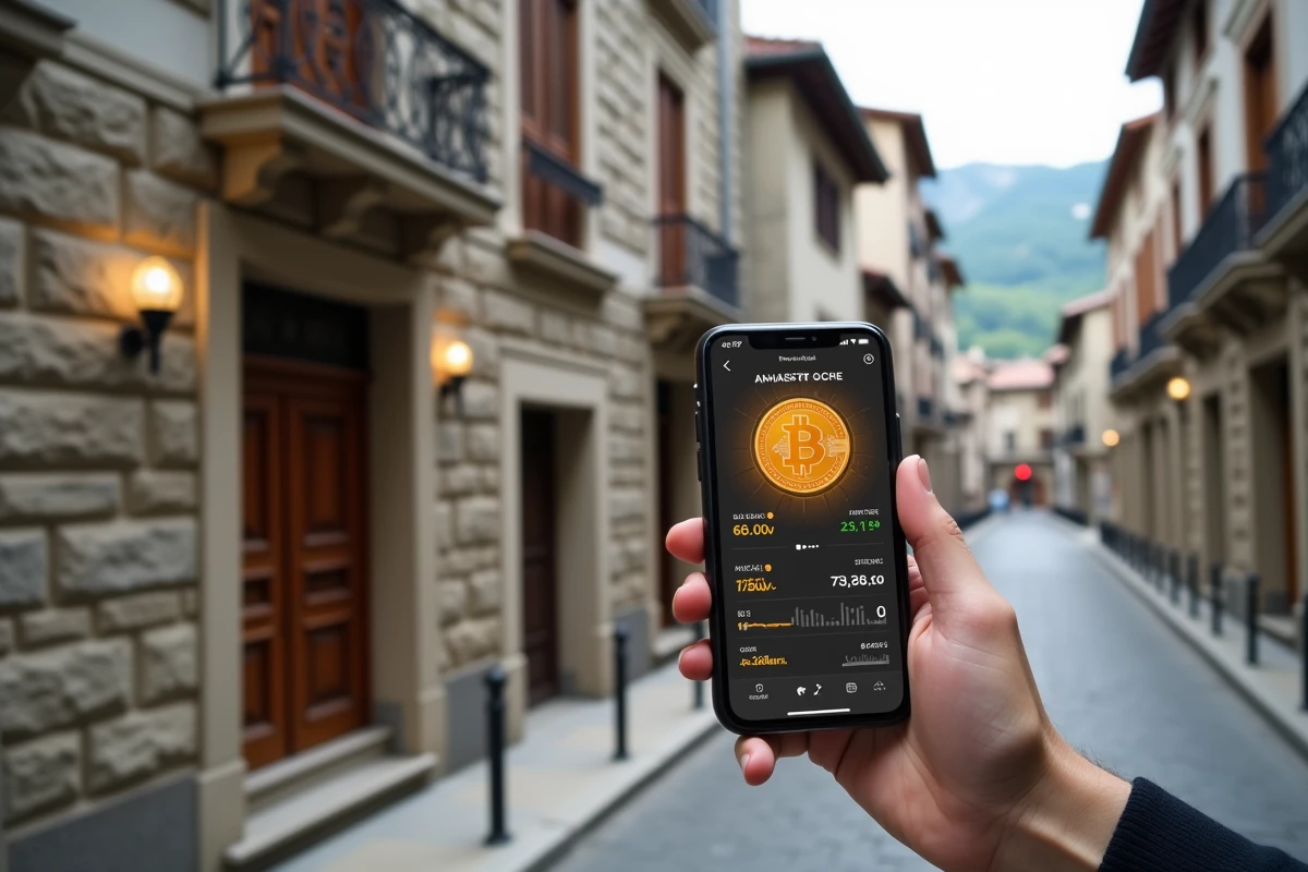 Façade d'immeuble résidentiel à Andorre-la-Vieille avec une main tenant un smartphone affichant un portefeuille de cryptomonnaie pour un achat immobilier