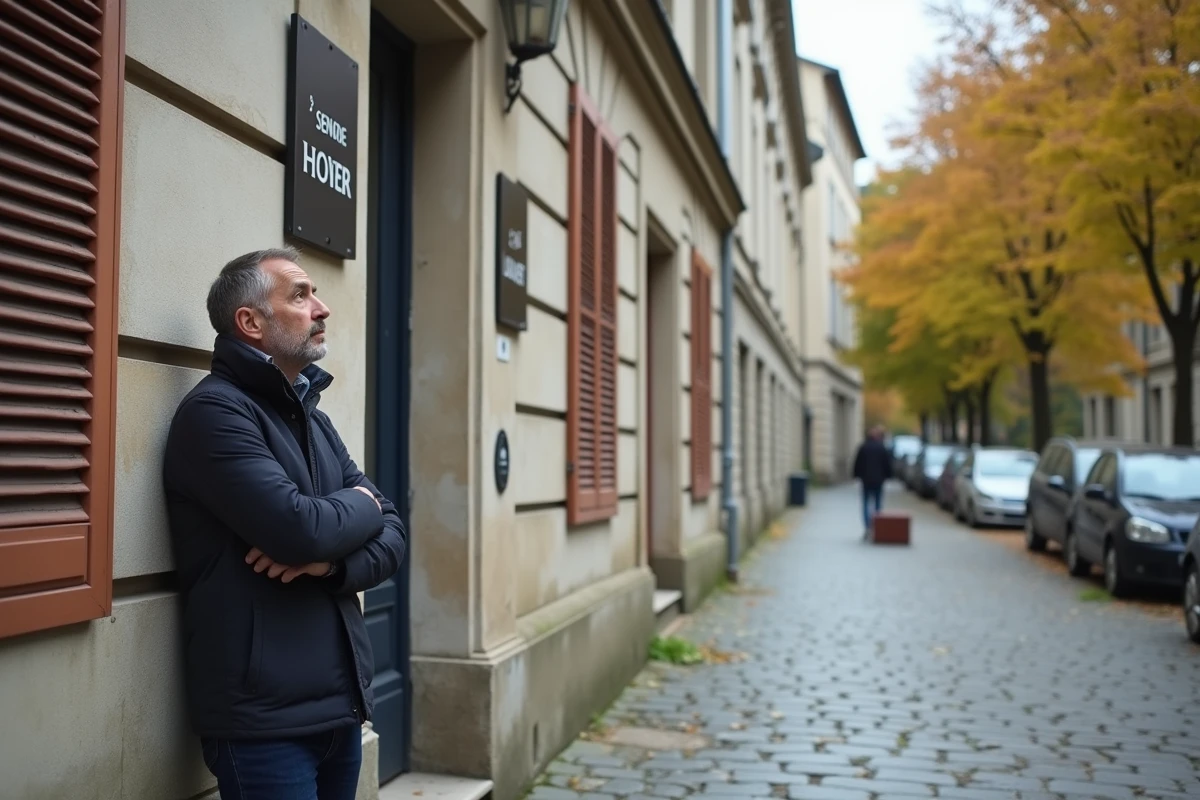 Homme devant un immeuble ancien avec panneaux à vendre et à louer, symbolisant le dilemme fiscal du logement vacant en France