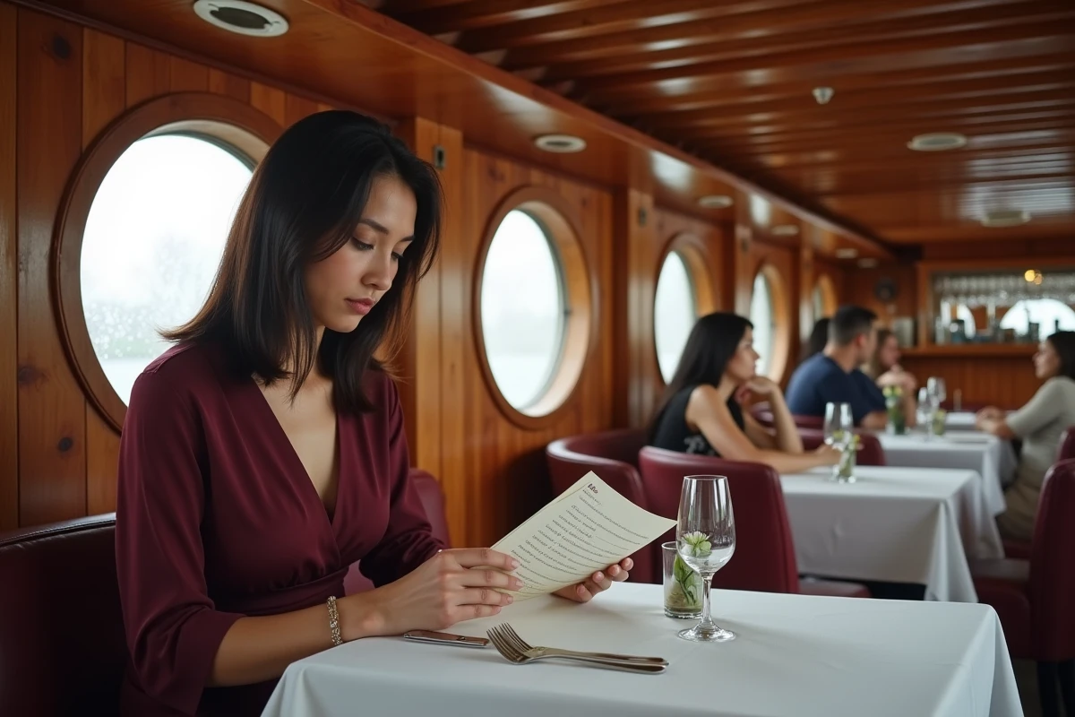 Intérieur chaleureux d'une péniche-restaurant à Lyon avec décor romantique pour un premier rendez-vous