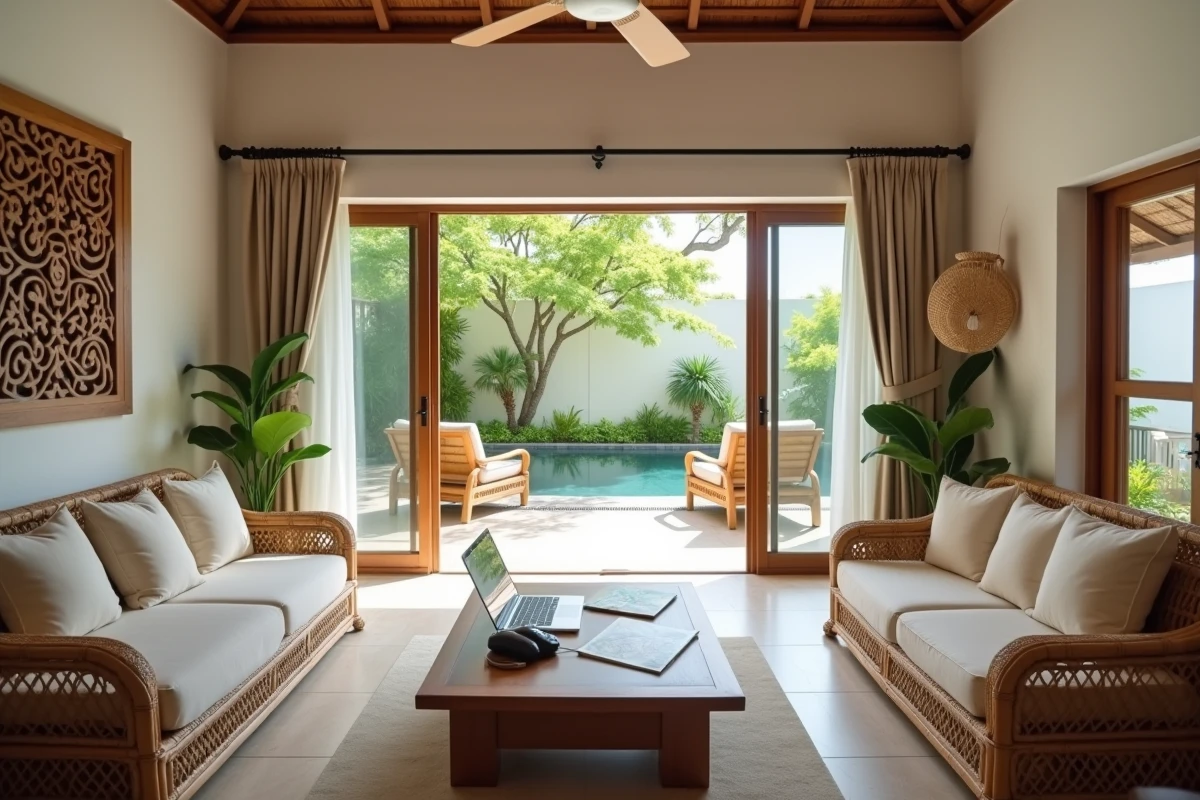 Intérieur d'une villa thaïlandaise pas chère avec salon en rotin et accès à une piscine privée