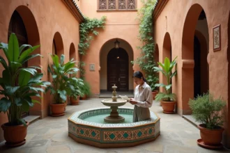 Petit riad à vendre à Marrakech avec fontaine en zellige et cour intérieure traditionnelle