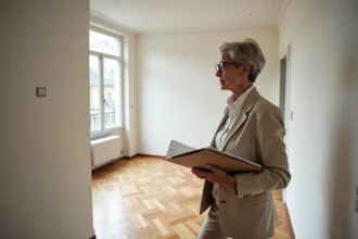 Propriétaire dans un appartement vide tenant des documents immobiliers, réfléchissant à la vente ou à la location pour éviter la taxe sur logement vacant