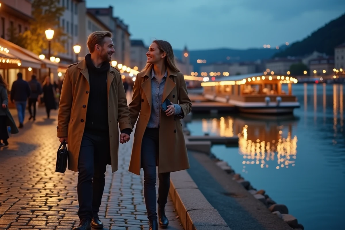 Couple arrivant sur les quais du Rhône à Lyon pour une soirée en péniche lors d'un premier rendez-vous