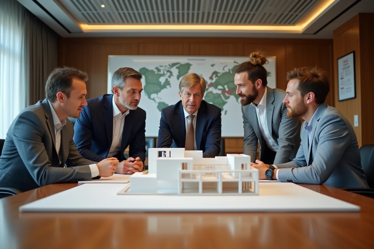 Réunion d'experts immobiliers autour d'une maquette de développement résidentiel, signaux de marché logement à surveiller
