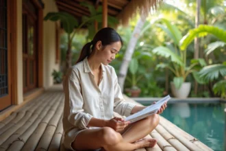Voyageuse calculant son budget pour louer une villa en Thaïlande pas chère sur une terrasse tropicale
