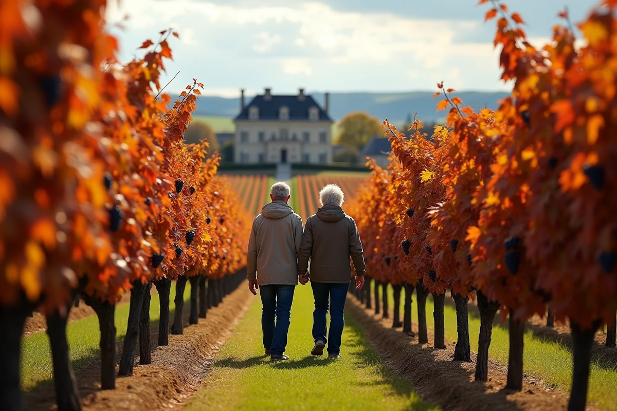 Couple visitant un vignoble bordelais en automne avec un château en arrière-plan lors d'un projet d'achat