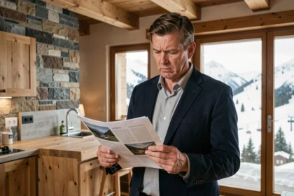 Agent immobilier examinant des documents de vente dans un appartement de ski aux Menuires avec vue sur les pistes enneigées