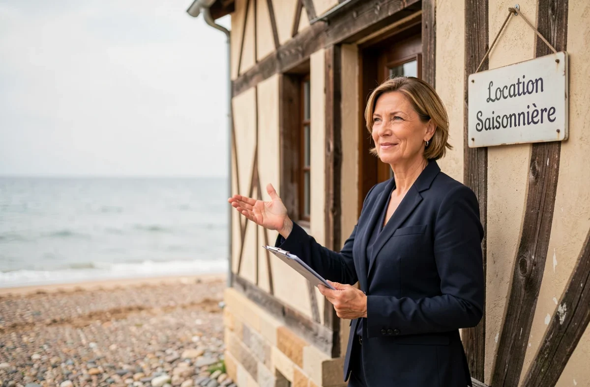 Agente immobilière présentant une maison normande à colombages en location saisonnière près de la plage en Seine-Maritime
