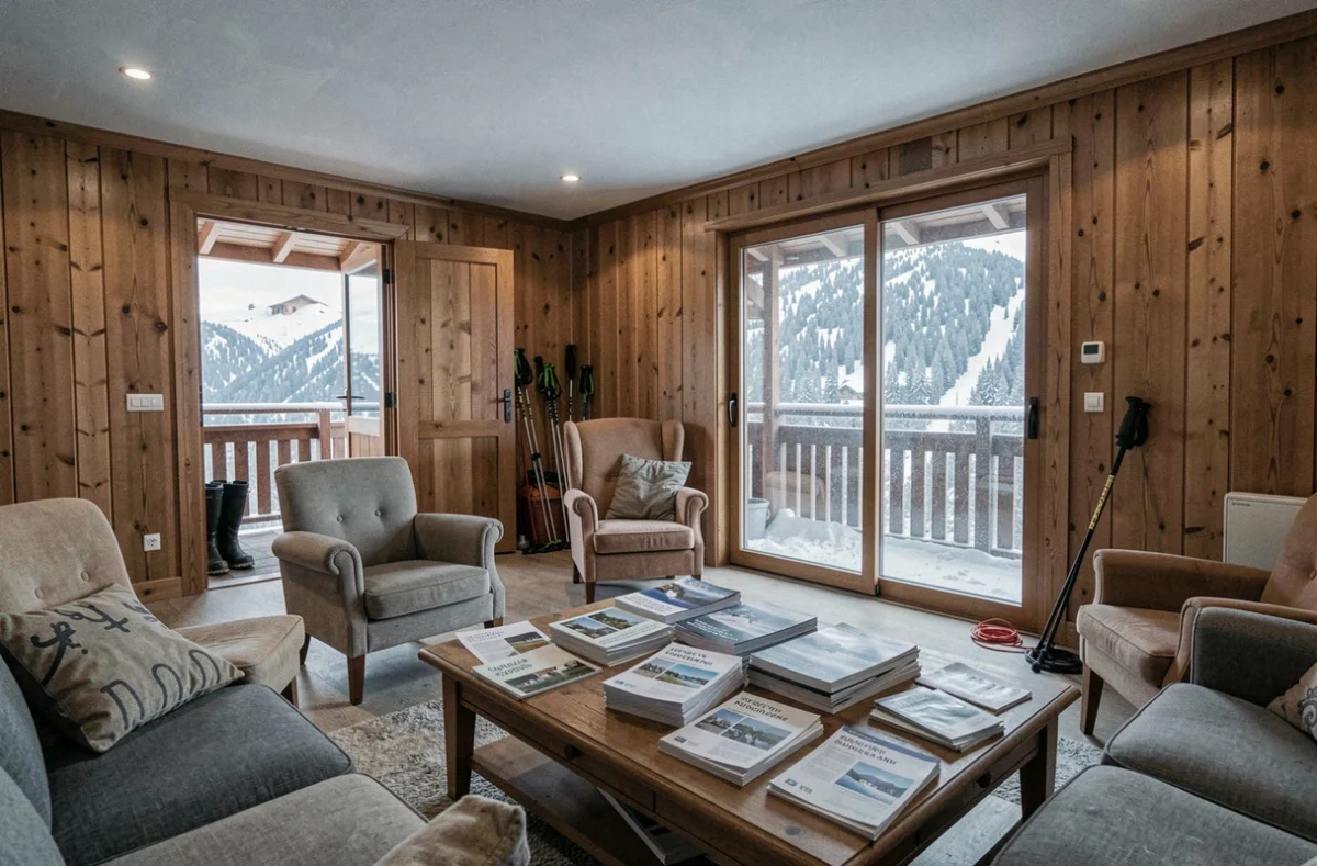 Intérieur d'un appartement invendu aux Menuires avec des brochures immobilières éparpillées et vue sur le balcon enneigé