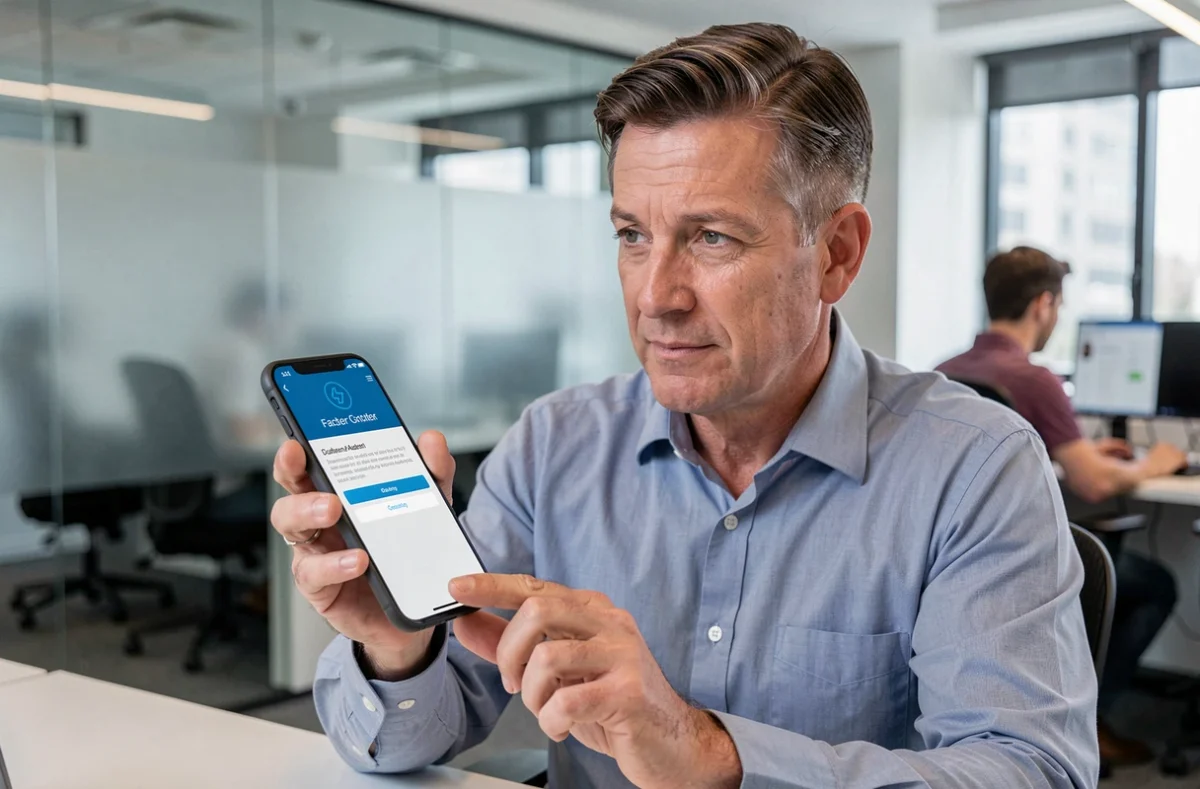Homme validant une authentification à deux facteurs sur smartphone pour sécuriser son compte MyFoncia en entreprise