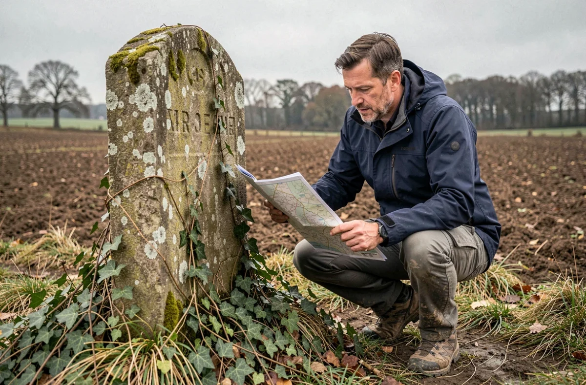 Homme identifiant une borne cadastrale ancienne dans un champ agricole lors d'une recherche de propriétaire foncier