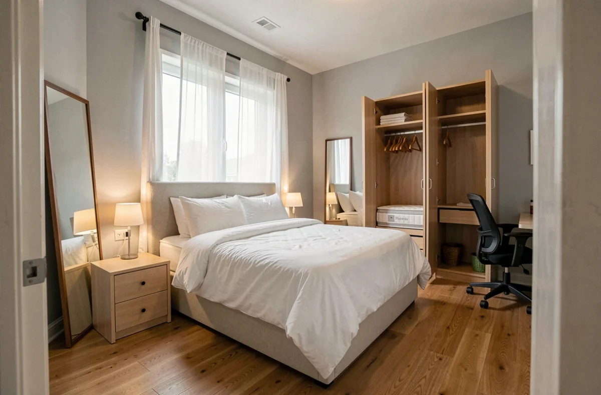 Chambre de location meublée avec équipements facultatifs confortables : surmatelas, lampes de chevet avec ports USB et espace bureau pour attirer les locataires