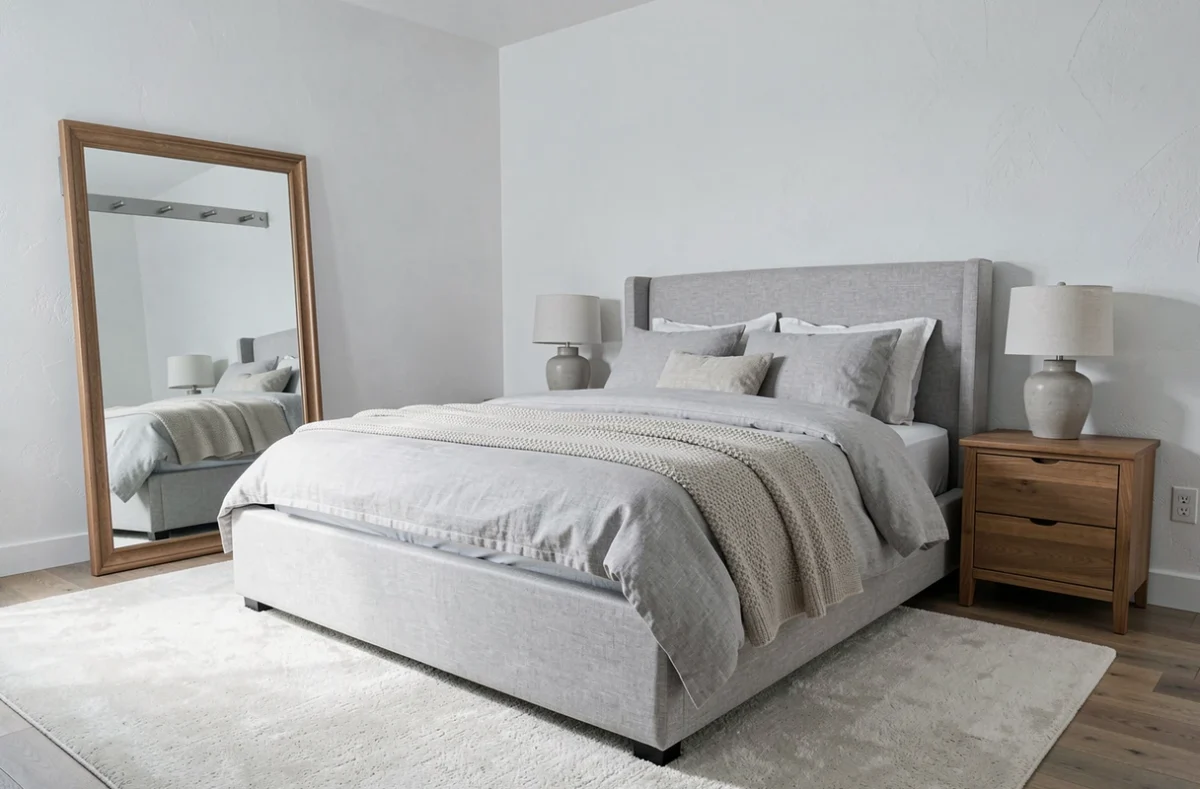 Chambre meublée haut de gamme avec lit capitonné en lin gris, chevets en chêne massif et tapis en laine dans un appartement de location