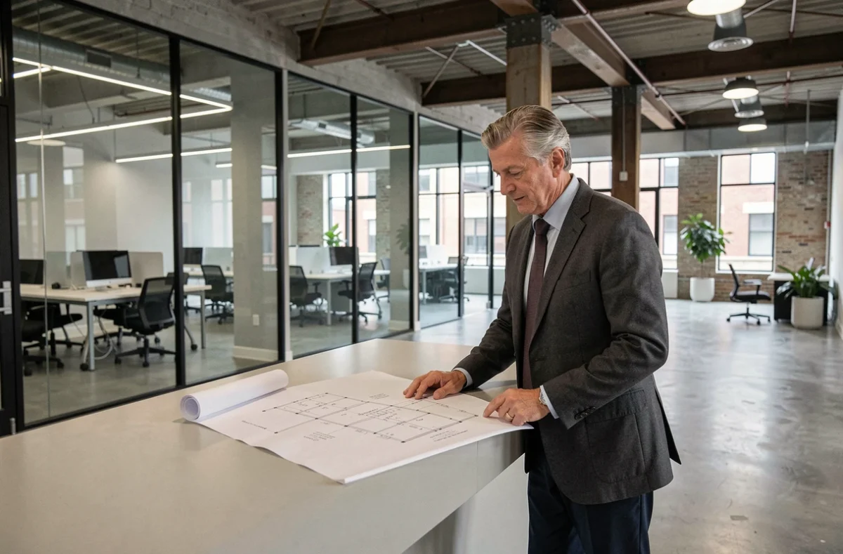 Architecte consultant des plans dans le hall rénové du Citadel Center avec design contemporain en acier et verre