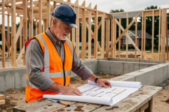 Constructeur professionnel en gilet haute visibilité consultant des plans de construction sur un chantier résidentiel