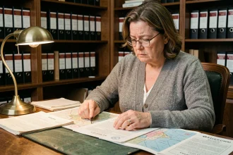 Femme consultant des documents cadastraux et actes de succession dans un bureau de notaire