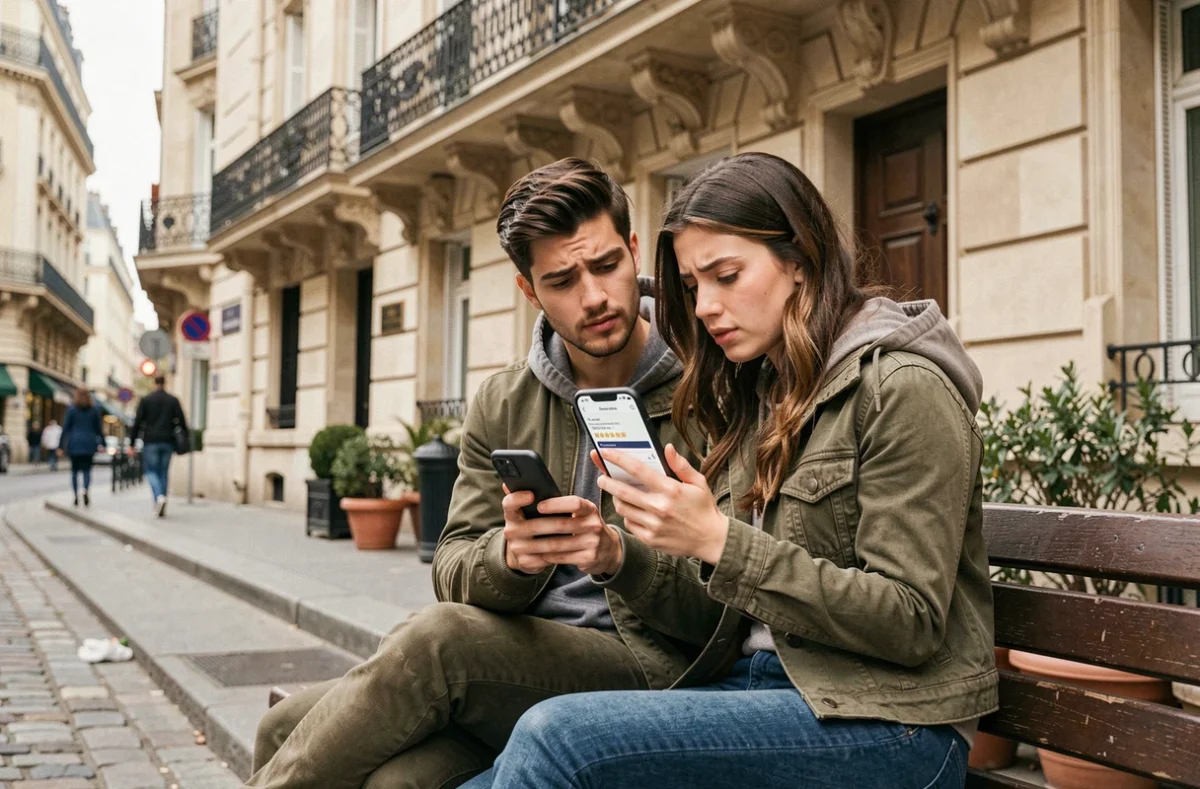 Couple consultant une annonce LOC anonce sur smartphone devant un immeuble haussmannien parisien