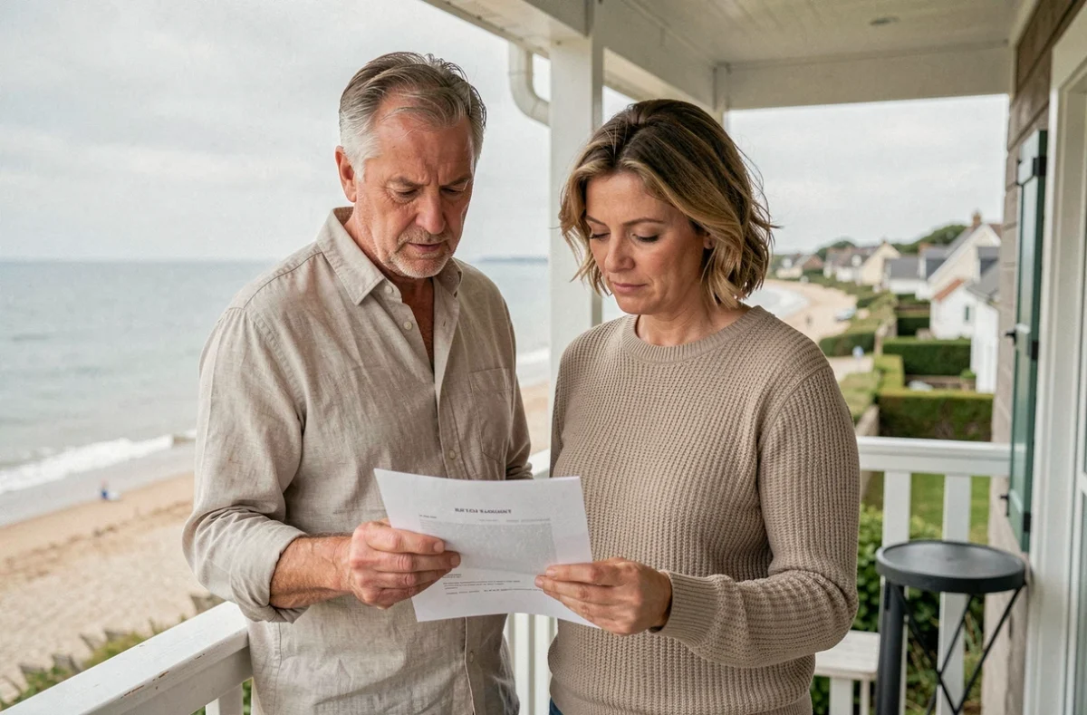 Couple examinant un contrat de location de maison en bord de mer en Normandie sur une terrasse