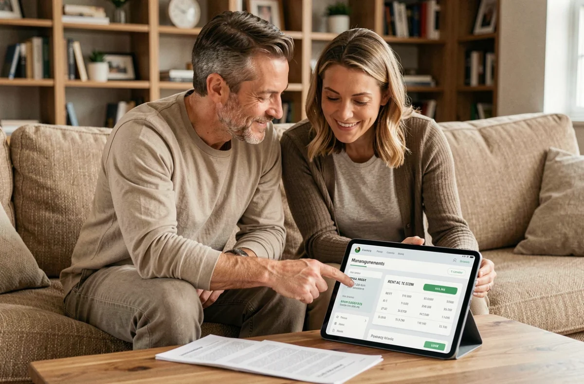 Couple gérant ensemble leurs paiements locatifs sur l'espace client Foncia via une tablette dans leur salon