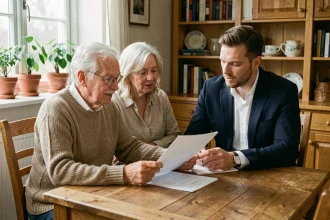 Un couple de seniors et un notaire examinent des documents de succession autour d'une table en bois dans une maison familiale