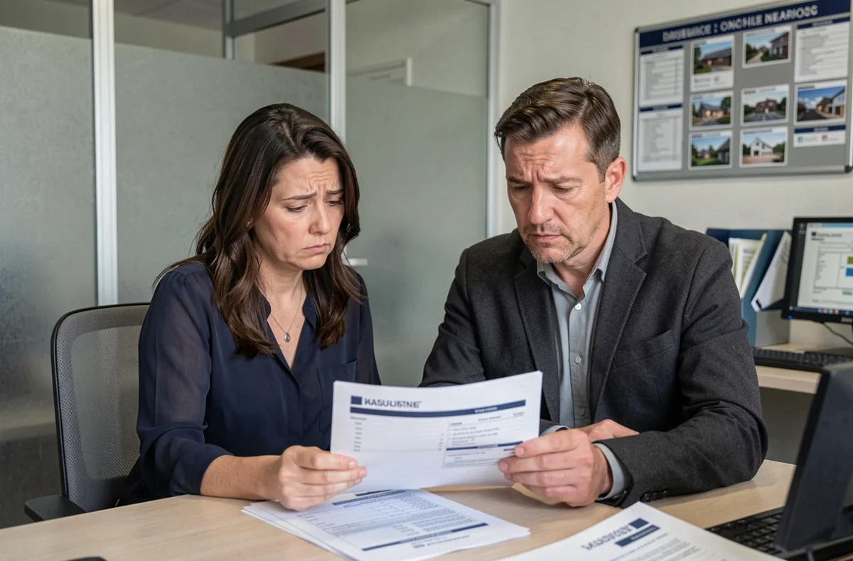 Couple de vendeurs déçus consultant un rapport d'estimation immobilière dans une agence immobilière