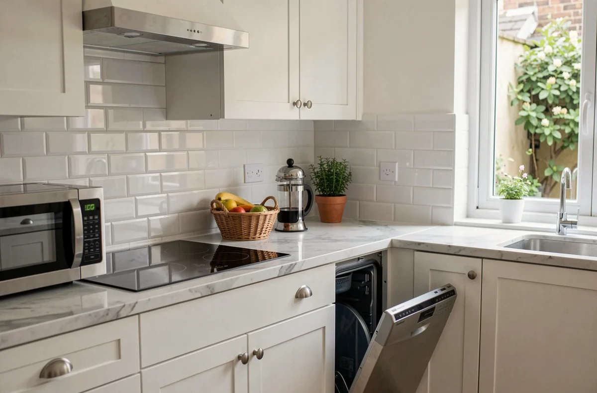Cuisine équipée de location meublée avec électroménager facultatif : lave-vaisselle, micro-ondes et cafetière pour séduire les locataires