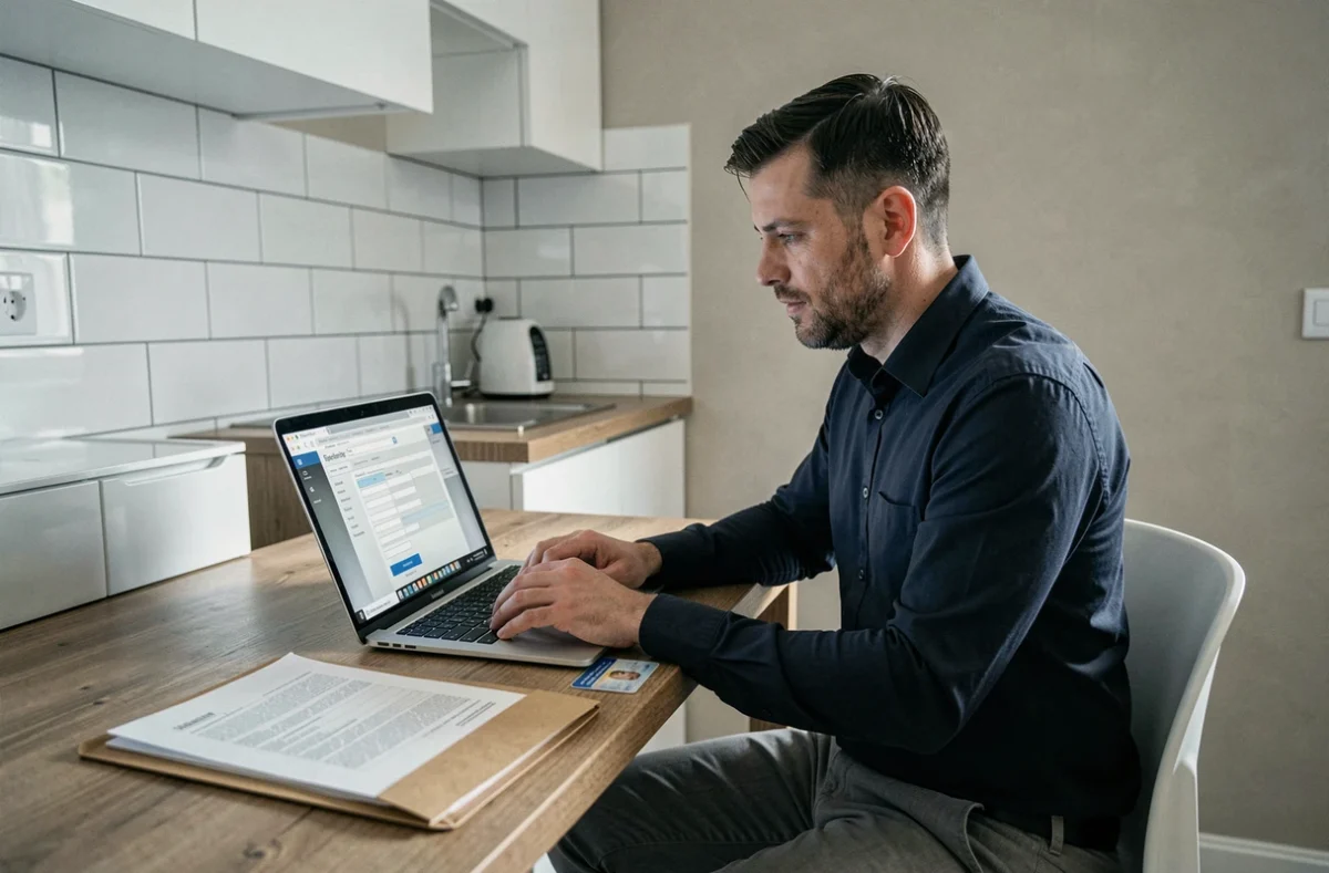 Homme remplissant une demande de logement social en ligne sur ordinateur portable avec pièces justificatives