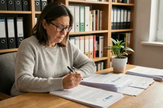 Femme consultant des documents administratifs pour un dossier de logement social AL'in