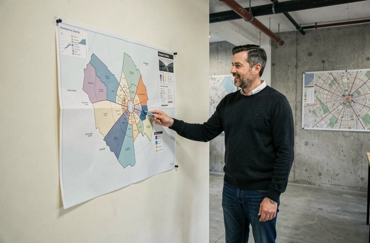 Homme expliquant le système de numérotation LOC anonce devant une carte des arrondissements parisiens