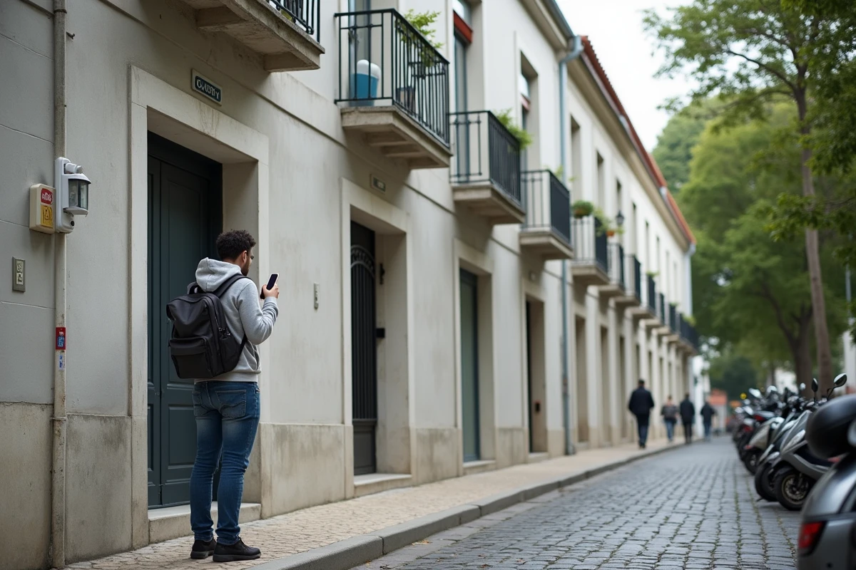 Façade d'une résidence abordable à Lisbonne avec un jeune homme cherchant son premier logement au Portugal