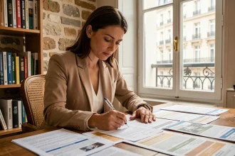 Femme étudiant des annonces immobilières parisiennes avec le système LOC anonce à son bureau