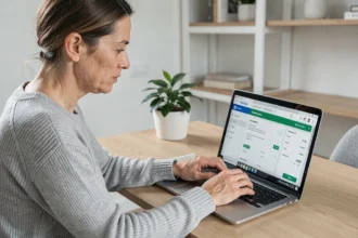 Femme gérant ses paiements de loyer en ligne sur un espace client Foncia depuis son bureau à domicile
