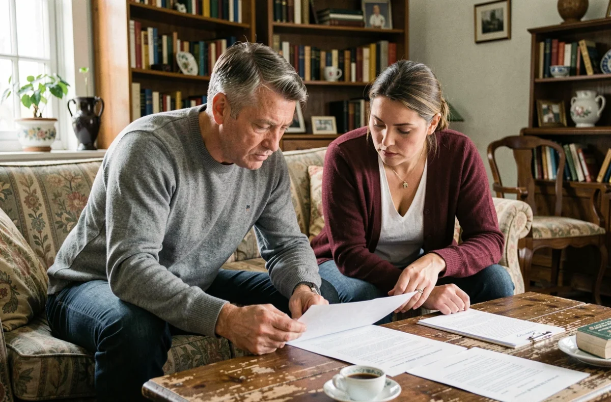 Deux frères et sœurs adultes étudient ensemble des documents de donation ou succession dans le salon d'une maison familiale héritée